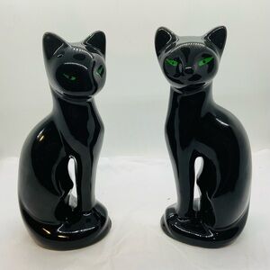 SET VTG MCM Artmark Fine Ceramic Statue Midnight Shadows Black Cat Green Eyes 8”